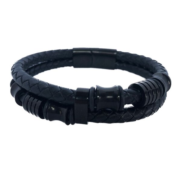 Mens Bracelet Double Row Black Braided Leather Black Stainless Steel Closure Sz - Picture 8 of 10